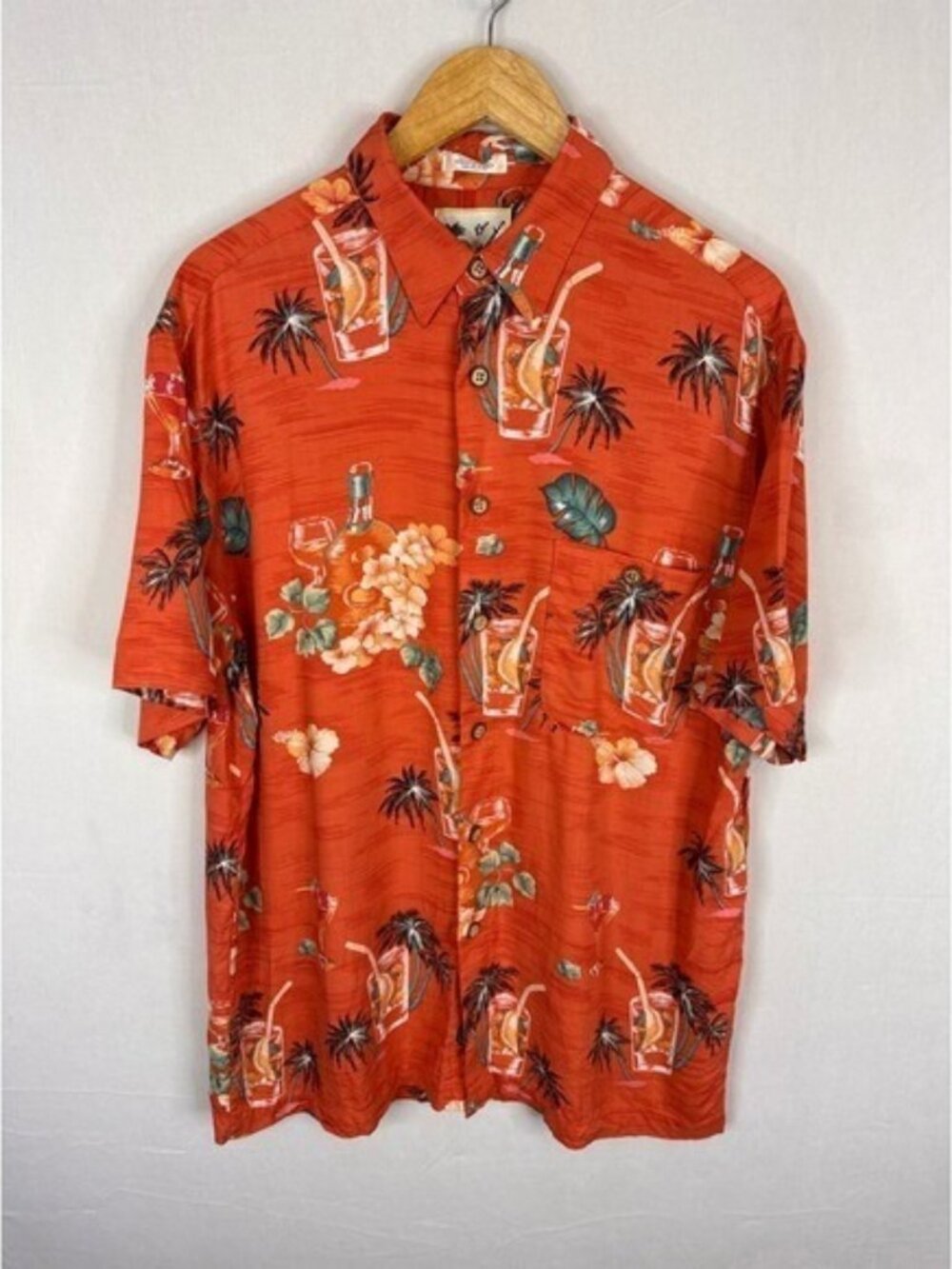 Ron Chereskin Mens Hawaiian Shirt Large Orange Tropical Cocktail Palm Tree Rayon
